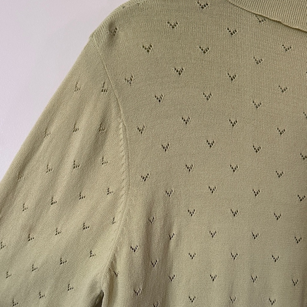VITAE | Y2K Light Green Rib Knit Eyelet Button-Down Ruffled Cardigan - Picture 11 of 13